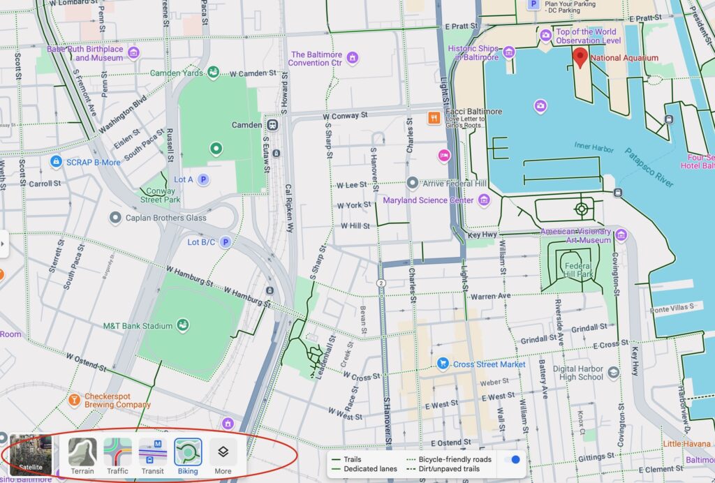Google Map screenshot of Baltimore's Inner Harbor with the biking layer on. There are a number of trails and bike-friendly roads.